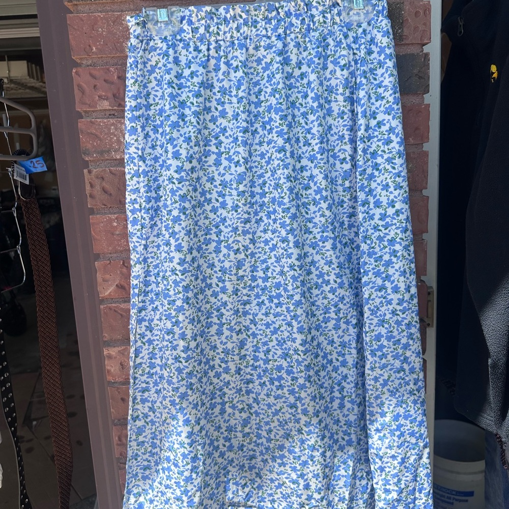 Blue Floral Elastic-Waist Maxi Skirt with Slit